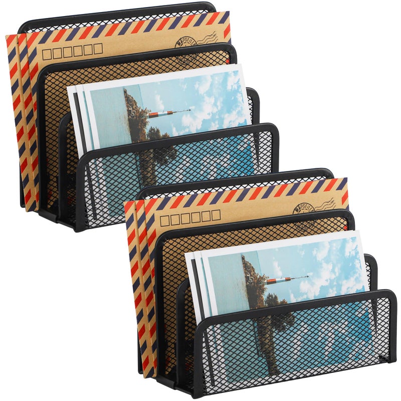 EASEPRES Desk Mail Organizer, Office Small Desktop Metal Mesh Envelope Letter Sorter Paper File Holder Organizer with 3 Vertical Upright Compartments, Black 2 Pack - Image 1